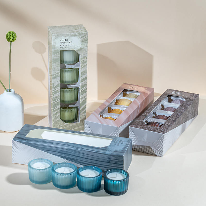 Set 4 cawan lilin kaca kerdil kecil berjalur menegak