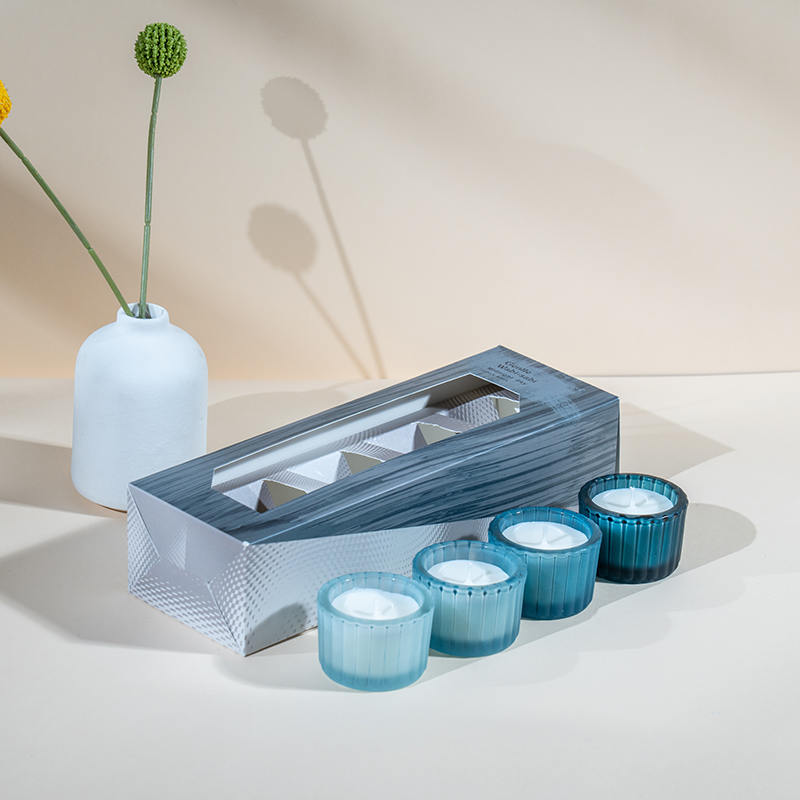 Set 4 cawan lilin kaca kerdil kecil berjalur menegak